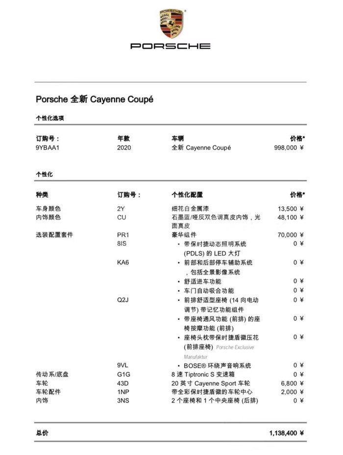 2020款卡宴选配价目表图片